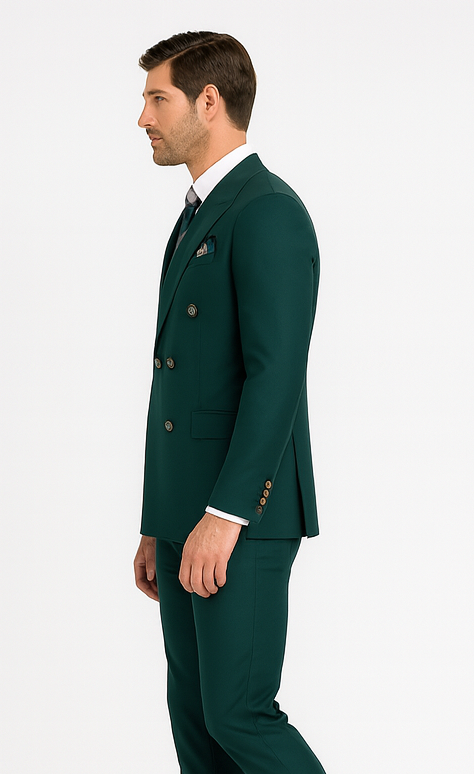 Mens Designer Double Breasted Wool Suit with Gold Buttons in Hunter Green - 38 Short Jacket+32 Waist Adjustable 28to34)(Height: 5 4 to5 7 )(Neck 15-16.5)S-M)