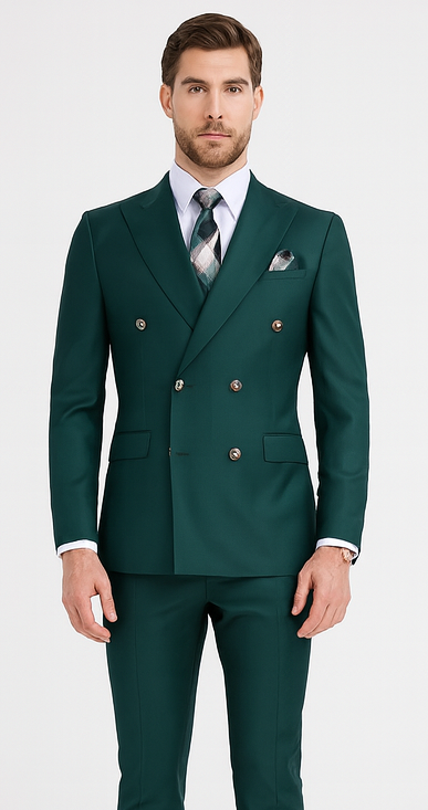 Mens Designer Double Breasted Wool Suit with Gold Buttons in Hunter Green - 38 Short Jacket+32 Waist Adjustable 28to34)(Height: 5 4 to5 7 )(Neck 15-16.5)S-M)
