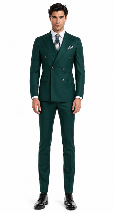 Mens Designer Double Breasted Wool Suit with Gold Buttons in Hunter Green