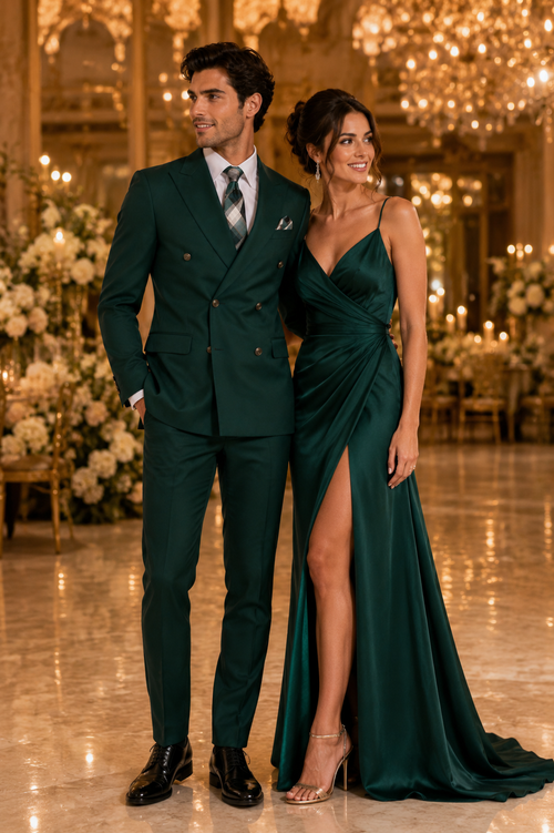 Mens Designer Double Breasted Suit with Gold Buttons in Hunter Green