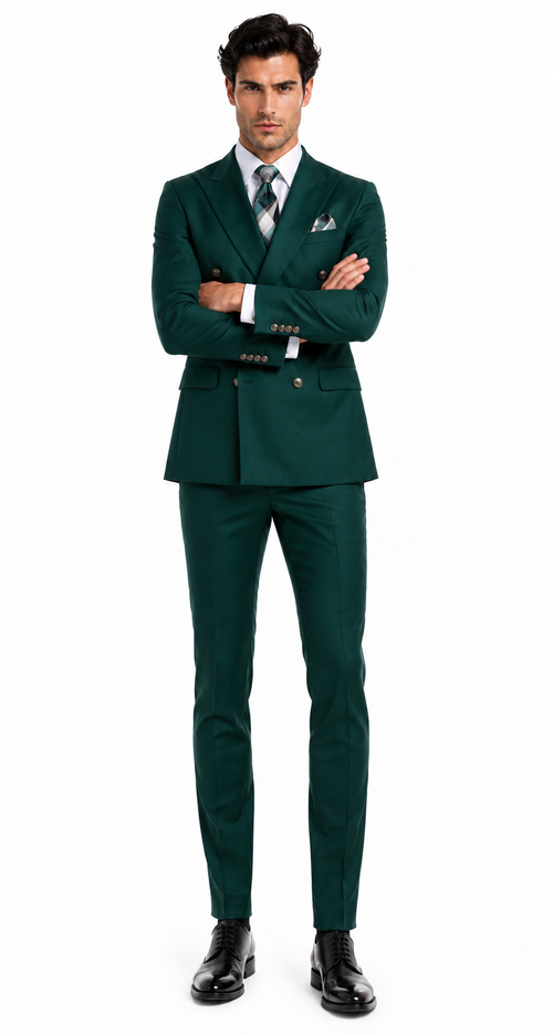 Mens Designer Double Breasted Suit with Gold Buttons in Hunter Green