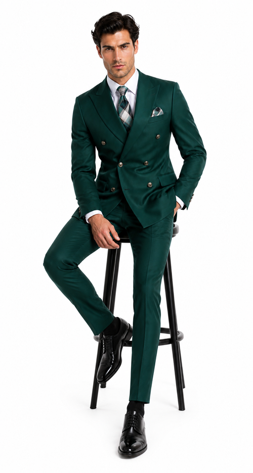 Mens Designer Double Breasted Suit with Gold Buttons in Hunter Green