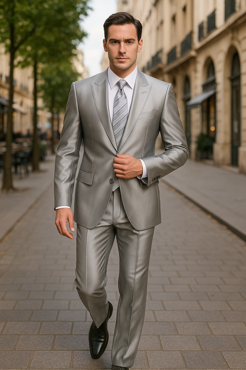 Mens 2 Button Notch Lapel Shiny Sharkskin Suit in Silver - New Arrival
