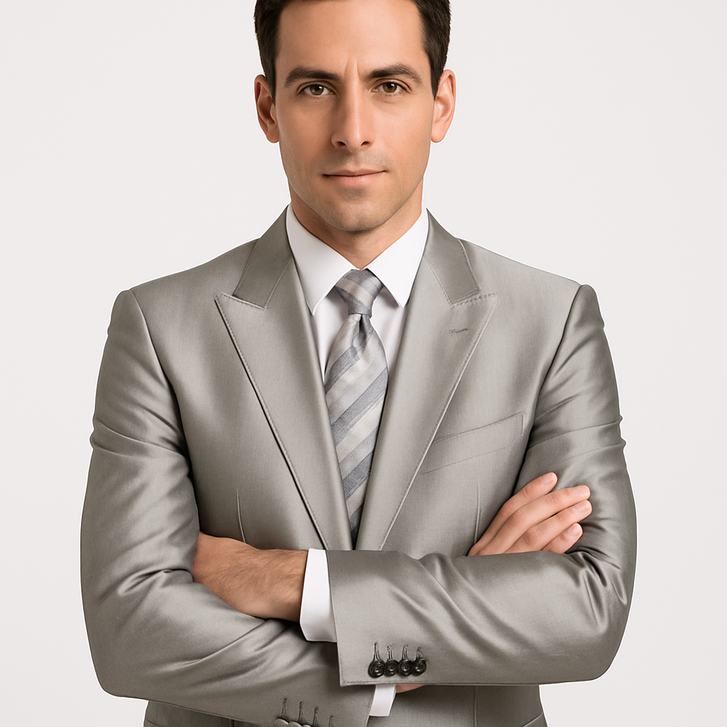 Mens 2 Button Peak Lapel Shiny Sharkskin Suit in Silver - New Arrival - 38 Short Jacket+32 Waist Adjustable 28to34)(Height: 5 4 to5 7 )(Neck 15-16.5)S-M)