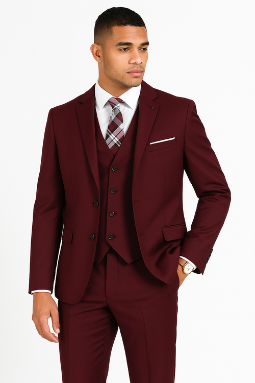 Mens 2 Button Slim Fit Wool With Double Breasted Vest Burgundy Suit - New Arrival