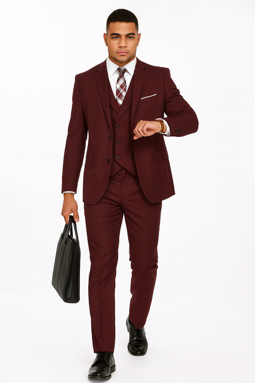 Mens 2 Button Slim Fit Wool With Double Breasted Vest Burgundy Suit - New Arrival