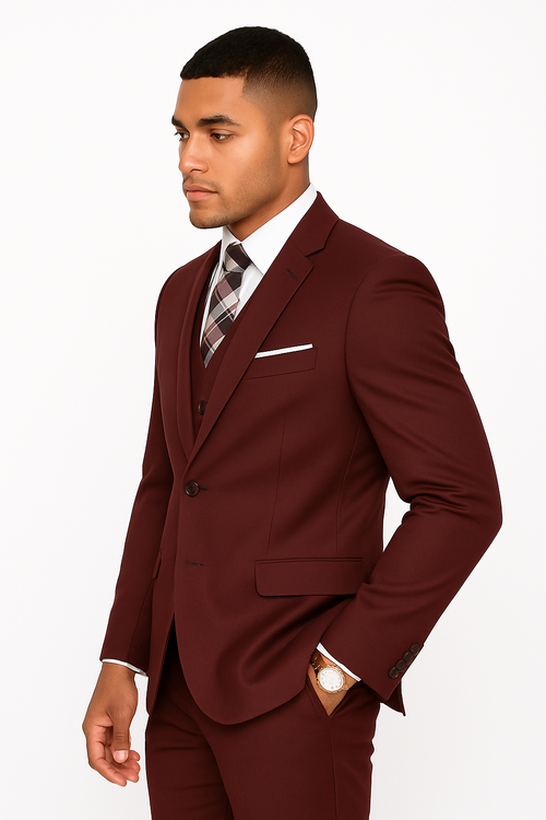 Mens 2 Button Slim Fit Wool With Double Breasted Vest Burgundy Suit - New Arrival