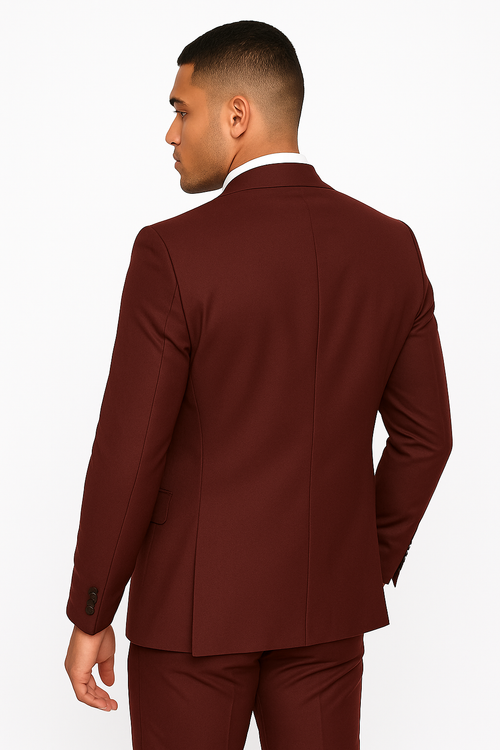 Mens 2 Button Slim Fit Wool With Double Breasted Vest Burgundy Suit - New Arrival