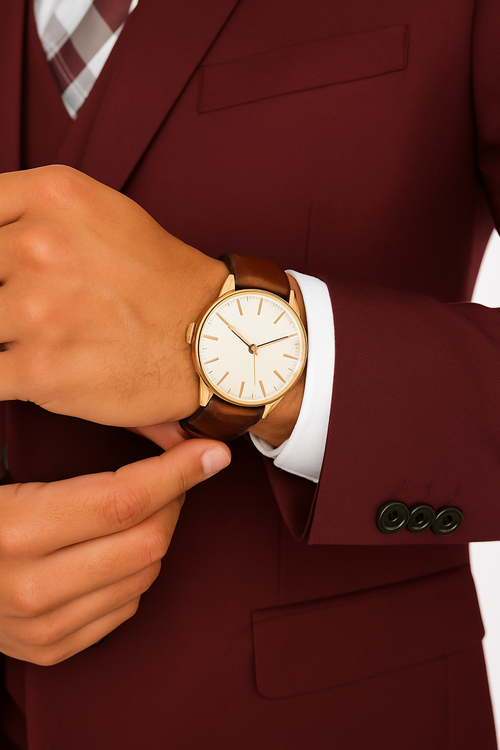 Mens 2 Button Slim Fit Wool With Double Breasted Vest Burgundy Suit - New Arrival