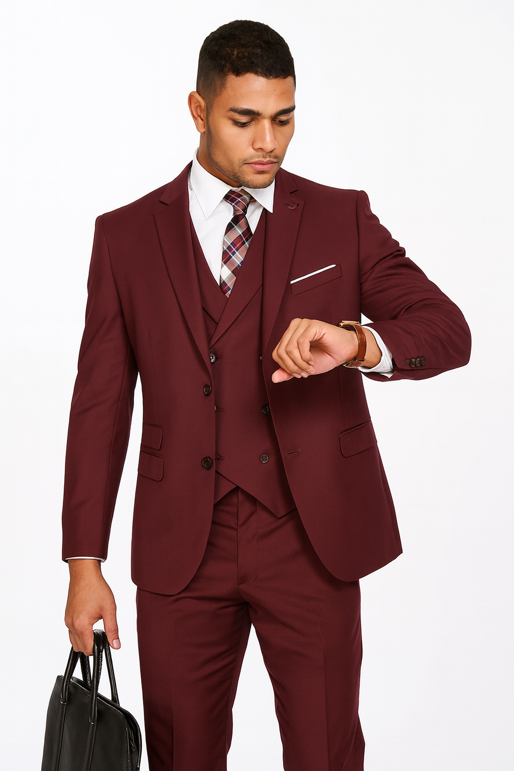 Mens 2 Button Slim Fit Wool With Double Breasted Vest Burgundy Suit - New Arrival