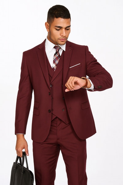 Mens 2 Button Slim Fit Wool With Double Breasted Vest Burgundy Suit - New Arrival