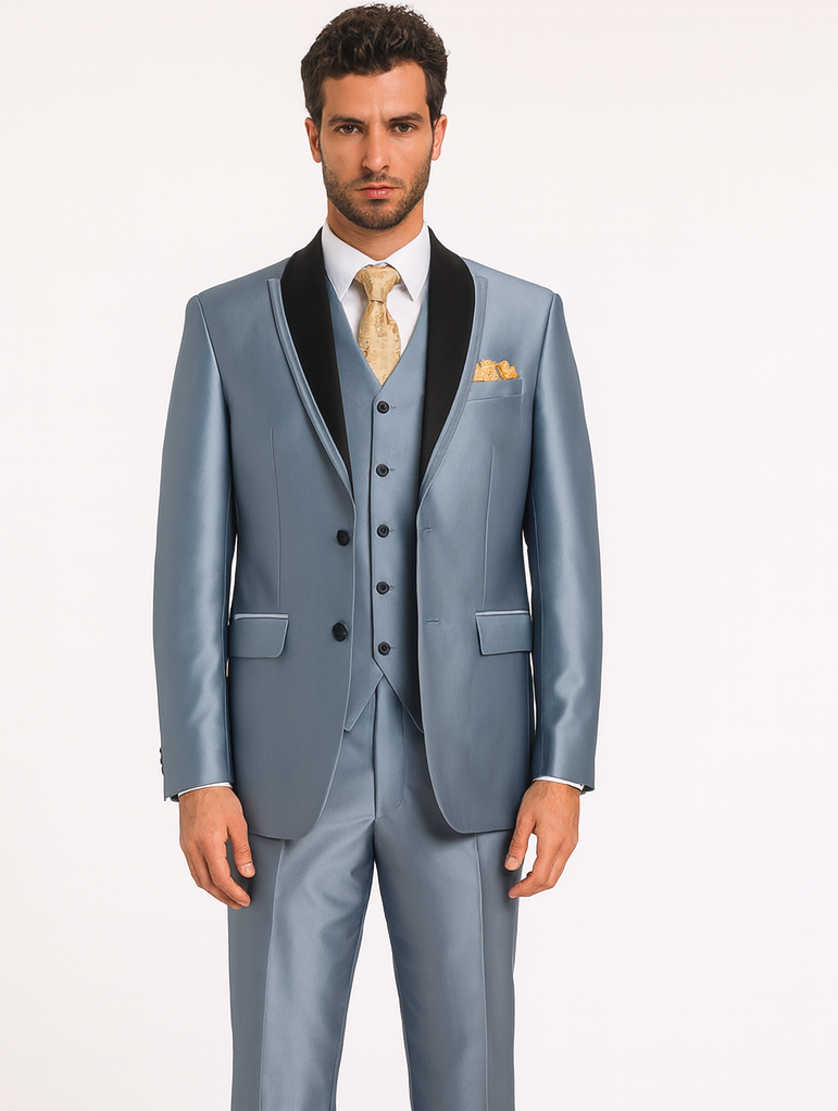 Men’s Silver Sharkskin Tuxedo Suit with Black Piping – Shiny Two Button Formal Suit for Wedding, Prom and Party Wear