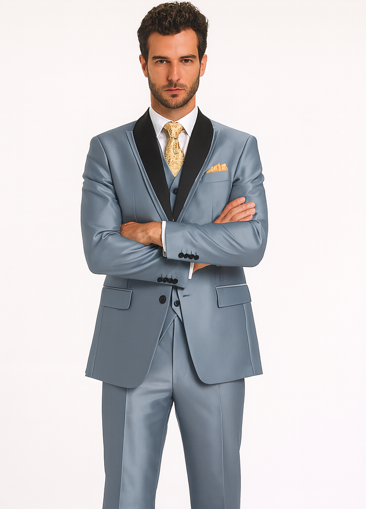 Mens 2 Button Vested Contrast Peak Lapel Sharkskin Tuxedo Suit in Silver - 38 Short Jacket+32 Waist Adjustable 28to34)(Height: 5 4 to5 7 )(Neck 15-16.5)S-M)