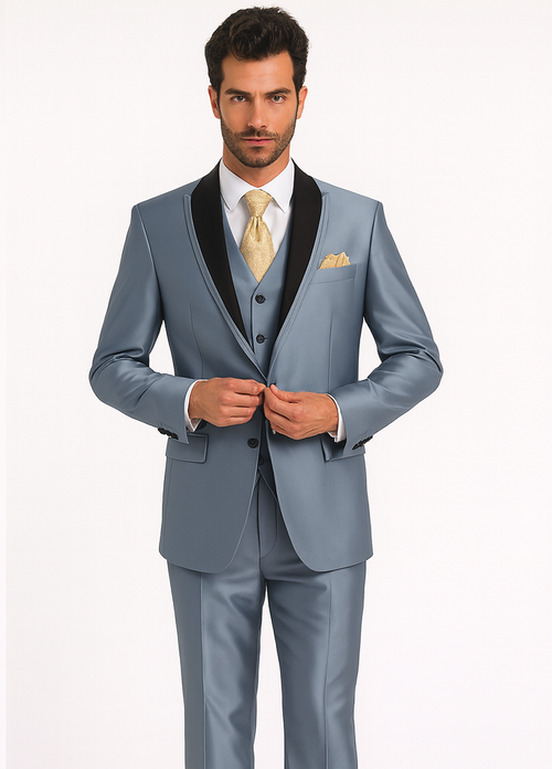 Mens 2 Button Vested Contrast Peak Lapel Sharkskin Tuxedo Suit in Silver
