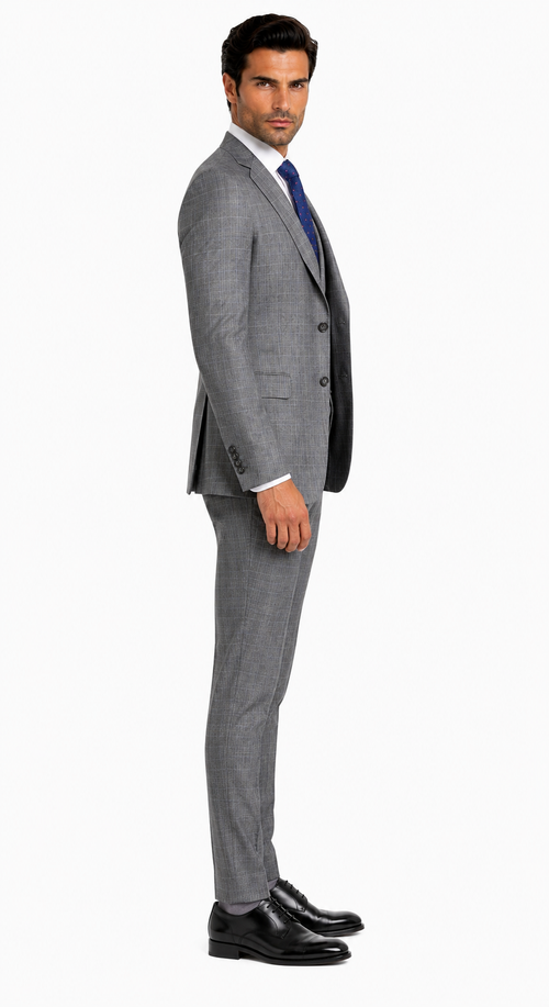 Mens 2 Button Vested Peak Lapel Plaid Suit in Grey