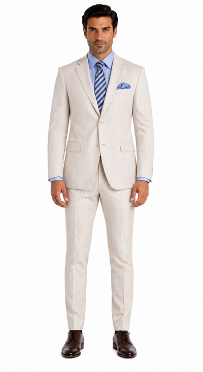 Men's 2PC Summer Seersucker Modern Fit Tan Pinstripe Suit - New Arrival
