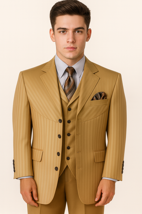 Cheap Priced Suit - Mens 4 Button Semi Wide Leg Shiny Tonal Stripe Fashion Gold Suit