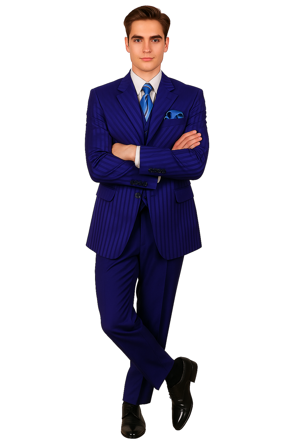 "Navy Blue Men's Shiny Tonal Stripe Fashion Suit - 4 Button Semi Wide Leg" - 38 Long