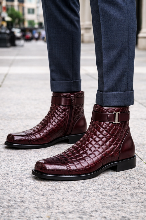 Mens Belvedere Libero Quilted Caiman Dress Boot in Brown-New Designer Collection