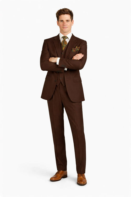 Mens Classic Fit 3 Button Vested Single Pleated Pant Suit in Chocolate Brown-New Designer Collection