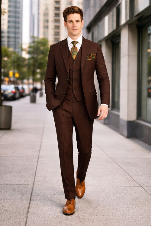Mens Classic Fit 3 Button Vested Single Pleated Pant Suit in Chocolate Brown-New Designer Collection