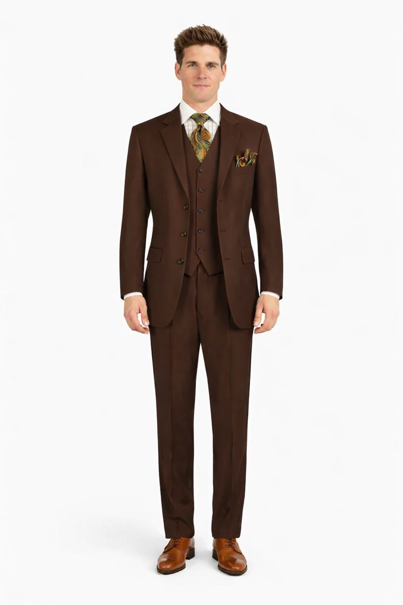 Mens Classic Fit 3 Button Vested Single Pleated Pant Suit in Chocolate Brown-New Designer Collection