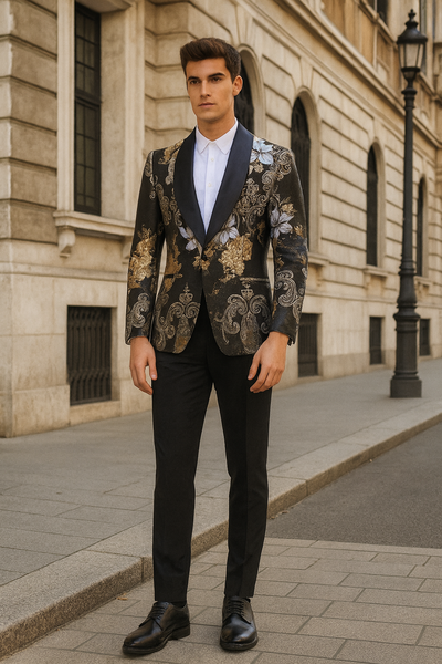 Mens Black and Gold and Silver Floral Jacquard Blazer with Satin Shawl Lapel Tuxedo Suit With Black Pants with Bowtie