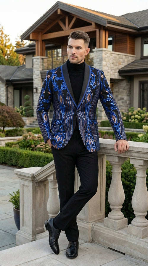 Mens Black and Royal and Gold and Navy Blue Sequin Tuxedo Suit Set – Luxury Prom Wedding Tuxedo with Sequin Jacket