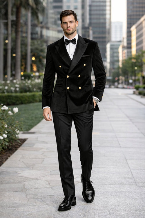 Men's Designer Double Breasted Velvet Suti with Gold Buttons in Black