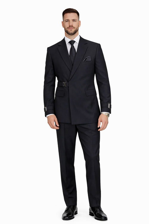 Mens Black Double Breasted Wool Suit with Metal Buckle Closure