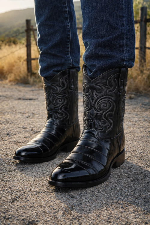 Men's Black Eel Skin Cowboy Boots - Los Altos Dress Western Boots-New Designer Collection