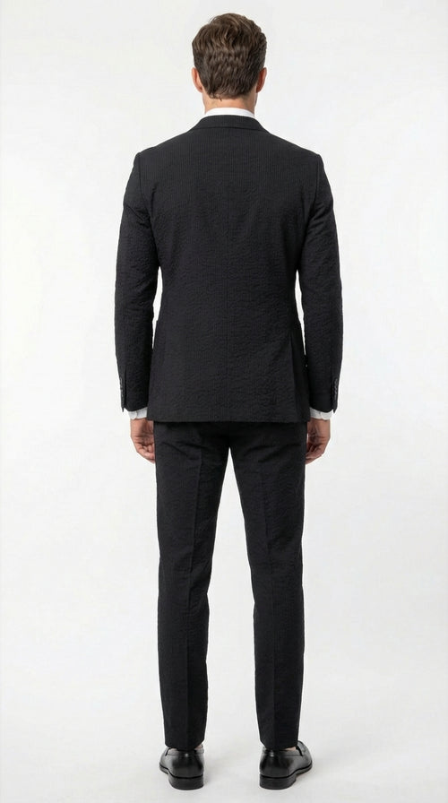 Mens Black Seersucker Suit β Shadow Ton on Ton Mini Textured Two Button Cotton Fabric Formal Summer Suit