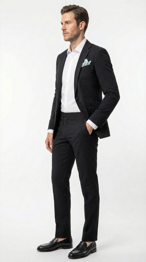 Mens Black Seersucker Suit β Shadow Ton on Ton Mini Textured Two Button Cotton Fabric Formal Summer Suit