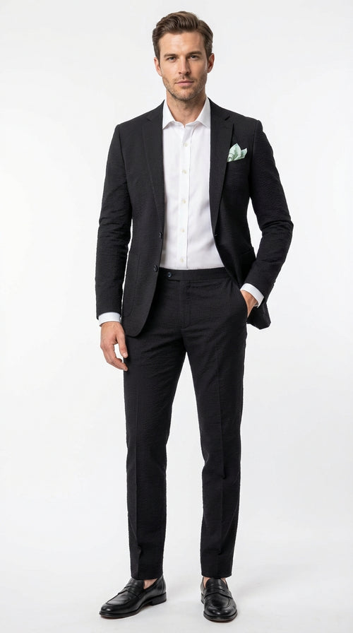 Mens Black Seersucker Suit β Shadow Ton on Ton Mini Textured Two Button Cotton Fabric Formal Summer Suit