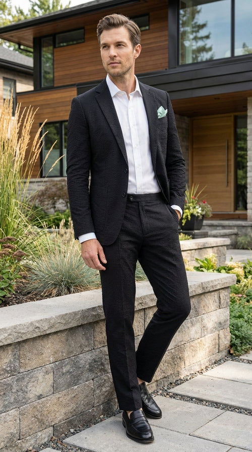 Mens Black Seersucker Suit β Shadow Ton on Ton Mini Textured Two Button Cotton Fabric Formal Summer Suit