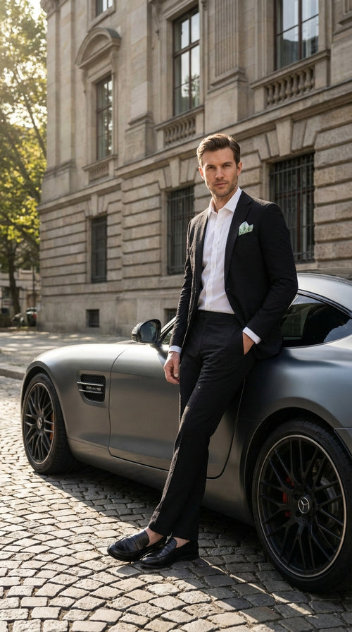 Mens Black Seersucker Suit β Shadow Ton on Ton Mini Textured Two Button Cotton Fabric Formal Summer Suit