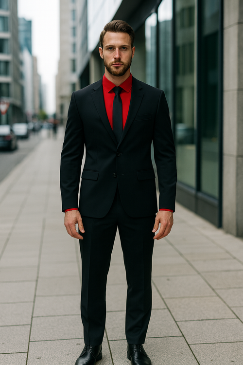Men's Black Suit Red Shirt Black Tie Package Combo ~ Combination Deal As Seen In The Picture-New Designer Collection