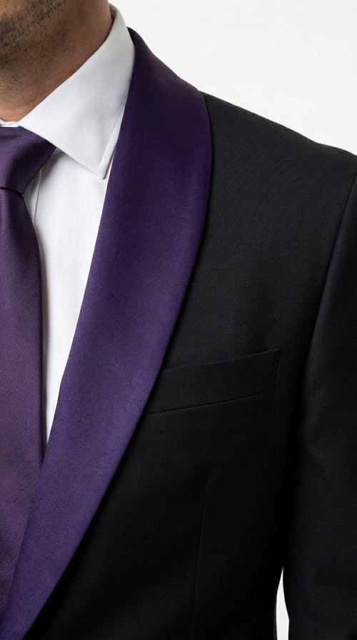 Mens Black Suit with Purple Lapel – Elegant Formal Tuxedo Style Suit for Wedding, Prom, Party and Evening Wear