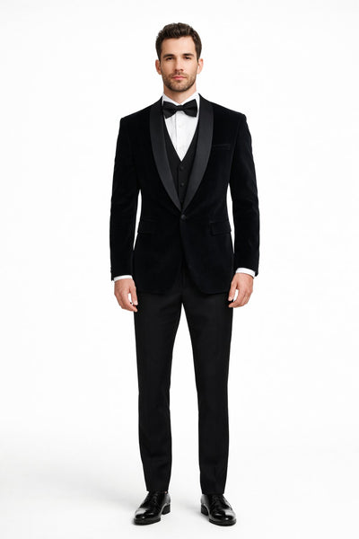Men's Designer Vested Velvet Wedding & Prom Tuxed in Black
