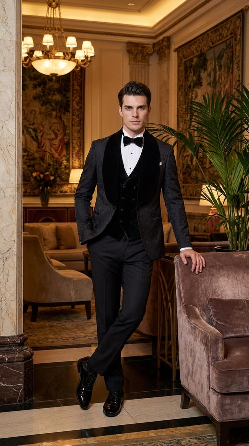 Men’s Black With Velvet collar 3 Piece Tuxedo Suit – Floral Jacquard Dinner Jacket with Vest and Bowtie