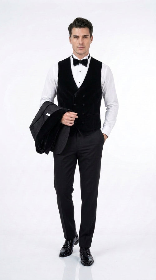 Men’s Black With Velvet collar 3 Piece Tuxedo Suit – Floral Jacquard Dinner Jacket with Vest and Bowtie