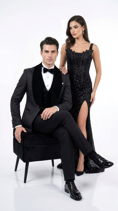 Men’s Black With Velvet collar 3 Piece Tuxedo Suit – Floral Jacquard Dinner Jacket with Vest and Bowtie