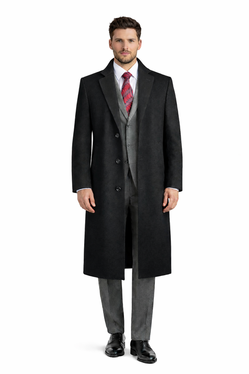 Men's Black Wool & Cashmere Overcoat Classic Full Length Topcoat