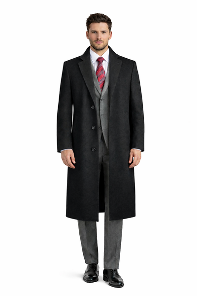 Men's Black Wool & Cashmere Overcoat Classic Full Length Topcoat