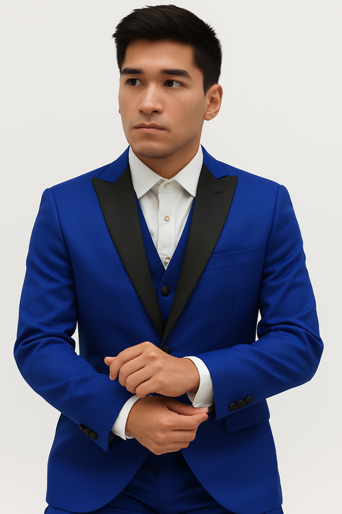 Mens Royal Blue Prom Tuxedo - Mens 2 Button Peak Lapel Vested Prom Tuxedo in Royal Blue