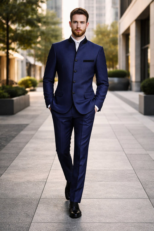 Wedding Groom Suit - Prom 2026 Tuxedo Suit - No Collar Weddig Tuxedo - Blue