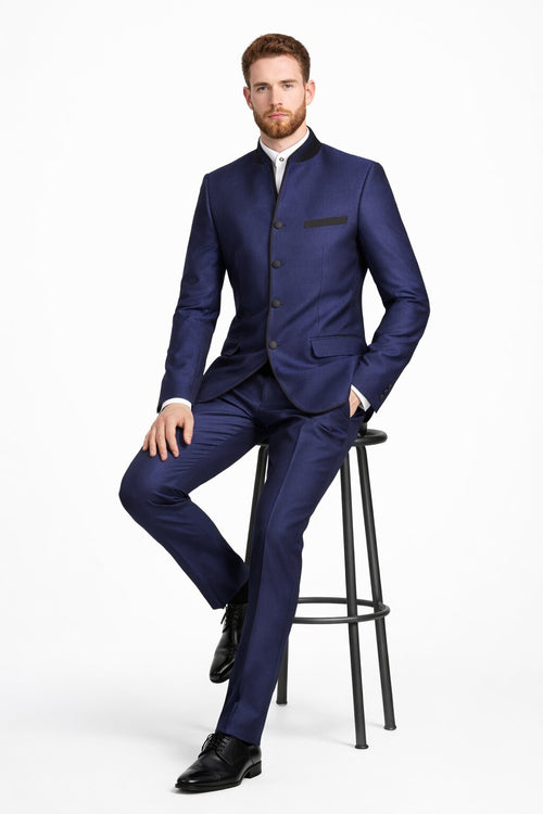 Wedding Groom Suit - Prom 2026 Tuxedo Suit - No Collar Weddig Tuxedo - Blue