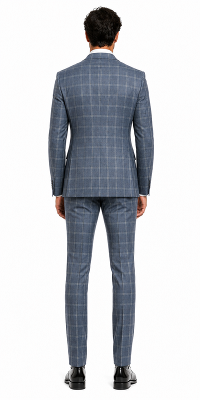Mens Blue Windowpane Checkered Slim Fit Suit 3 Piece Stretch Business Suit