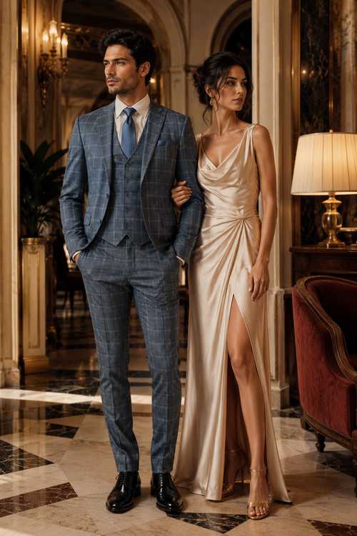 Mens Blue Windowpane Checkered Slim Fit Suit 3 Piece Stretch Business Suit