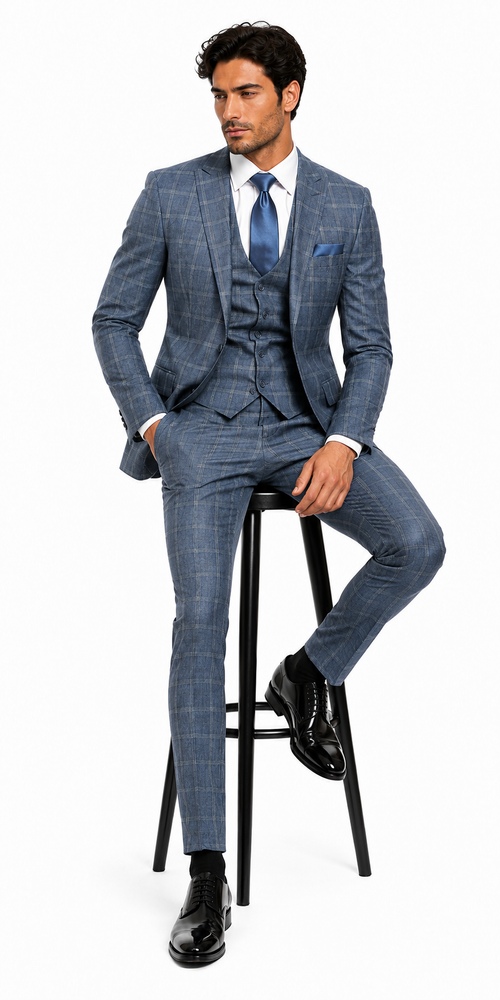 Mens Blue Windowpane Checkered Slim Fit Suit 3 Piece Stretch Business Suit